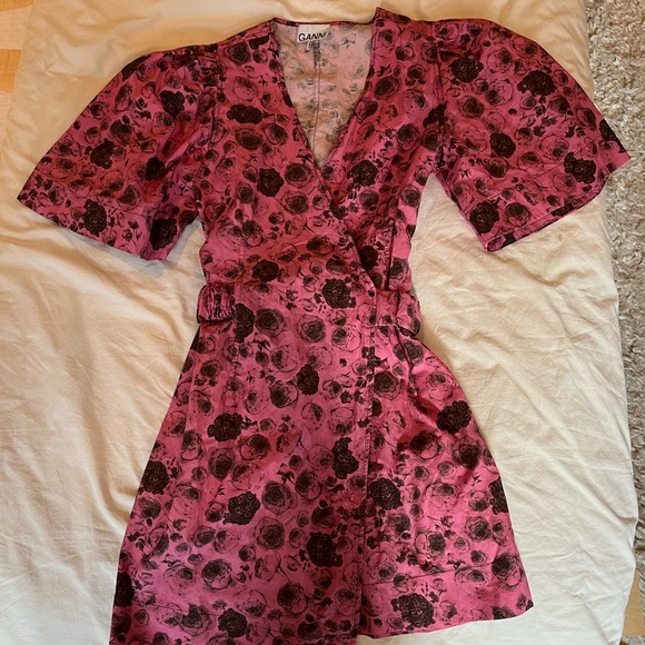 Ganni Floral Print Cotton Poplin Wrap Mini Dress Fits US sz 2-4, tag sz 38 (DE) - Picture 7 of 13